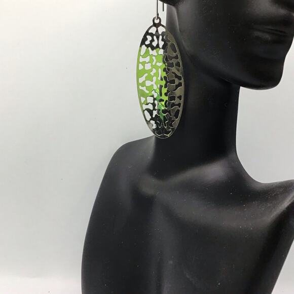 Sterling Silver Oval Cutout Dangle Earrings Hook 5.3g Modern Abstract Design - Picture 4 of 15